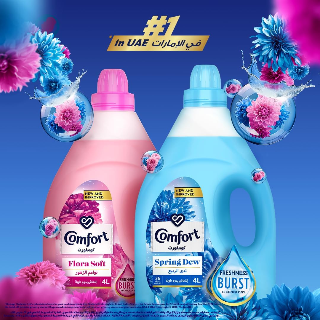 COMFORT Fabric Softener, Spring Dew, with freshness-burst technology for longer lasting fragrance & soft clothes, 4L x 2