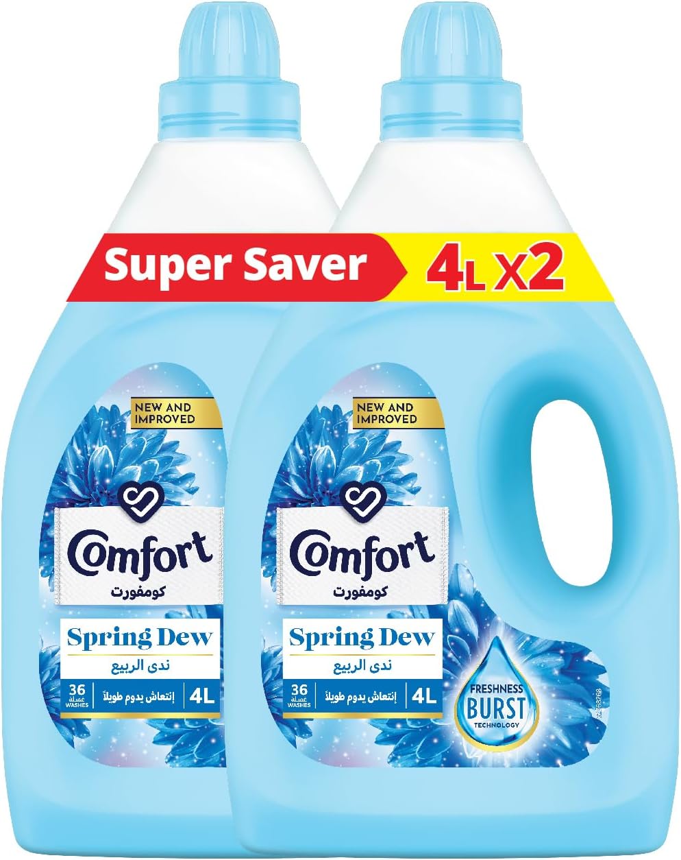 COMFORT Fabric Softener, Spring Dew, with freshness-burst technology for longer lasting fragrance & soft clothes, 4L x 2