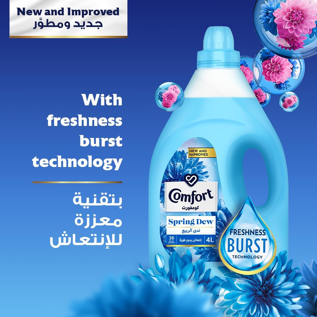 COMFORT Fabric Softener, Spring Dew, with freshness-burst technology for longer lasting fragrance & soft clothes, 4L x 2