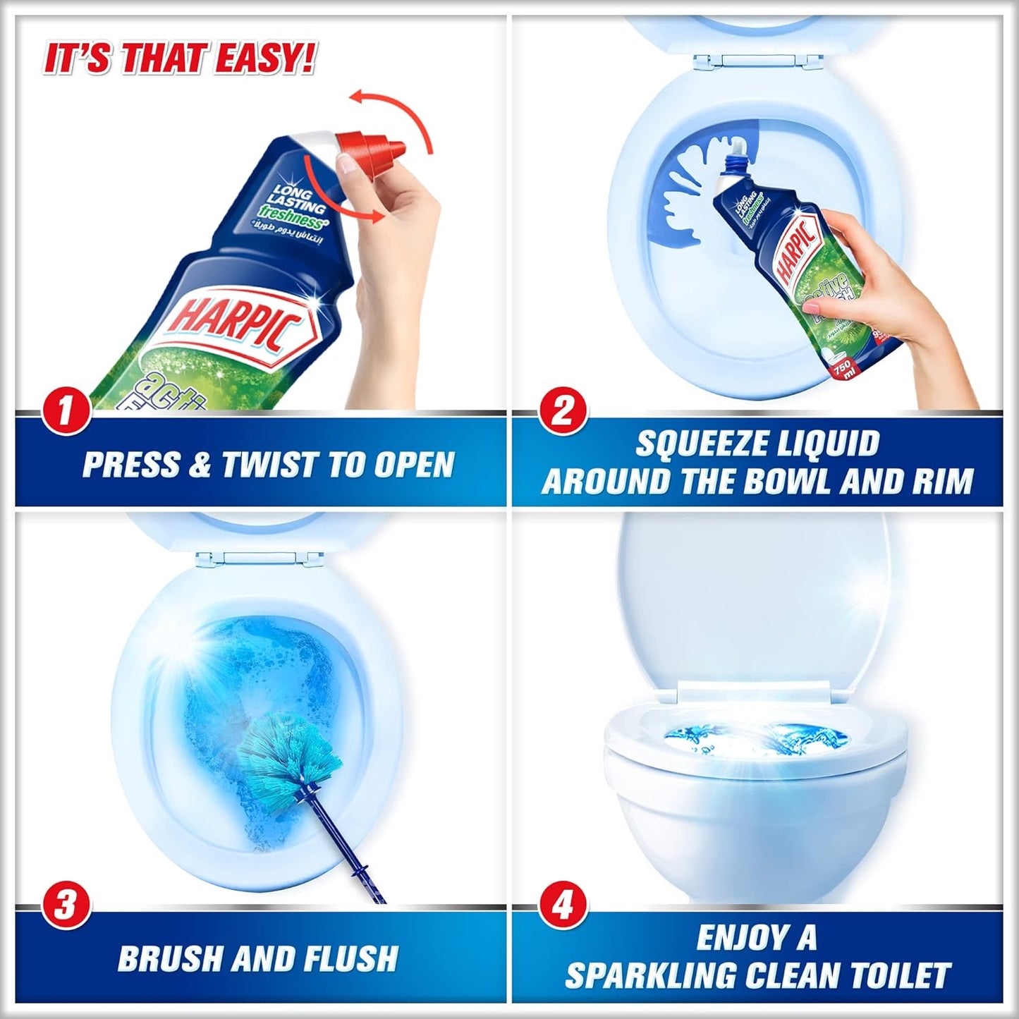 Harpic Active Fresh Toilet Cleaner, Pine Scent, 750ml x 3
