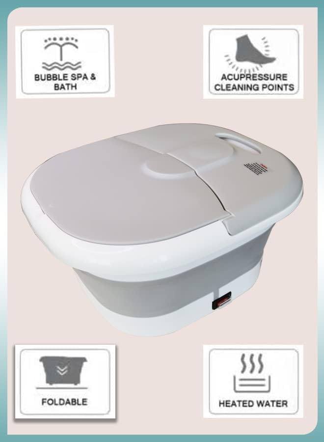 Toshionics Foldable Foot Spa With Heating Bubbles Shiatsu Massager Rollers Mini Feet BathTub Basin Pedicure Bucket For Relieving Fatigue And Body Stress Home Relax Foot Spa Treatment (Grey And White)