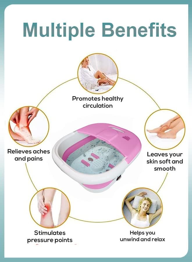 Toshionics Foldable Foot Spa With Heating Bubbles Shiatsu Massager Rollers Mini Feet BathTub Basin Pedicure Bucket For Relieving Fatigue And Body Stress Home Relax Foot Spa Treatment (Grey And White)