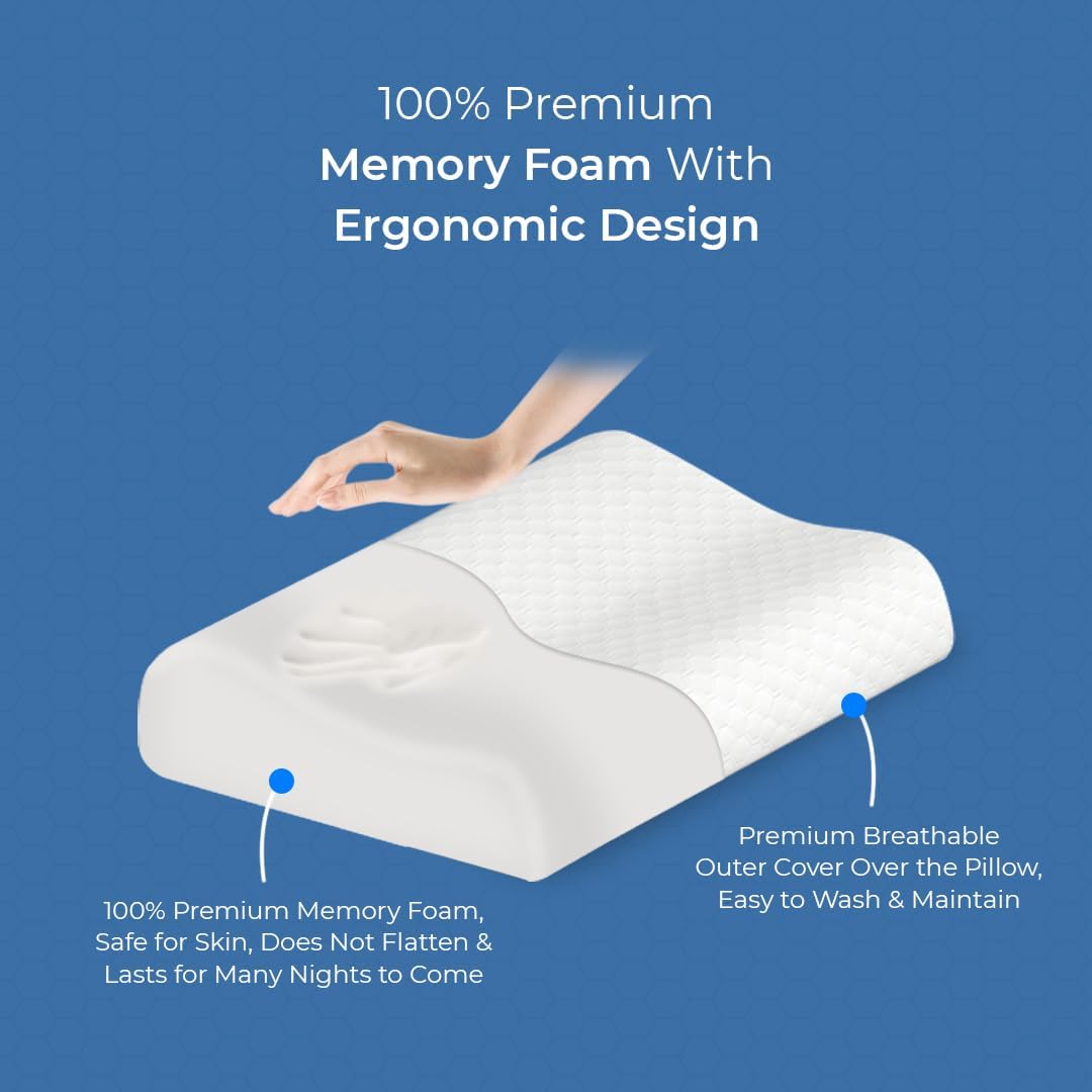 CareFoam Memory Foam Pillow, Contour Cervical Pillow for Neck & Shoulder Pain - Orthopedic Pillow, Neck Cervical Sleeping Pillows for Side & Back Sleepers White Jacquard Cover-Standard (Pack of 2)