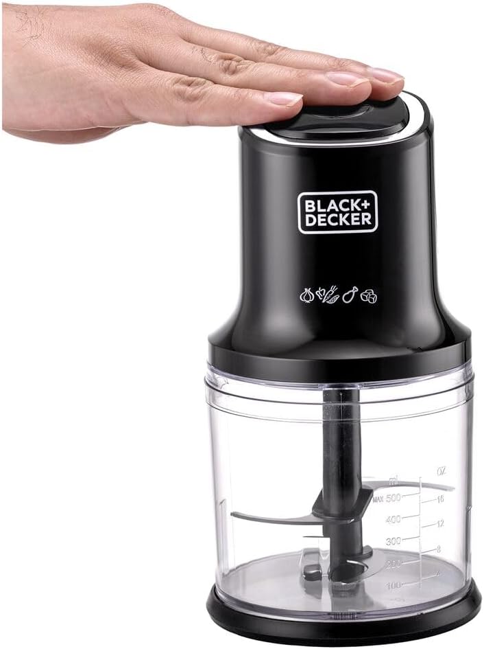 BLACK+DECKER Vertical Chopper, 500W, 4 Durable Stainless Steel Blades, 500ml Working Capacity Bowl, Sleek Chrome Trim, Powerful Motor for Chopping, Pureeing & Mincing, Easy to Use, Black - FC500-B5