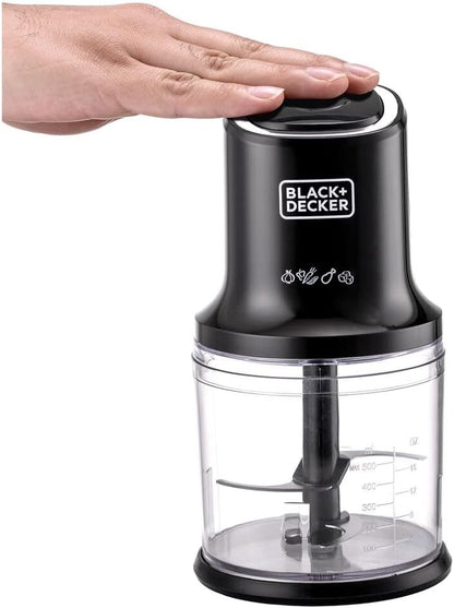 BLACK+DECKER Vertical Chopper, 500W, 4 Durable Stainless Steel Blades, 500ml Working Capacity Bowl, Sleek Chrome Trim, Powerful Motor for Chopping, Pureeing & Mincing, Easy to Use, Black - FC500-B5
