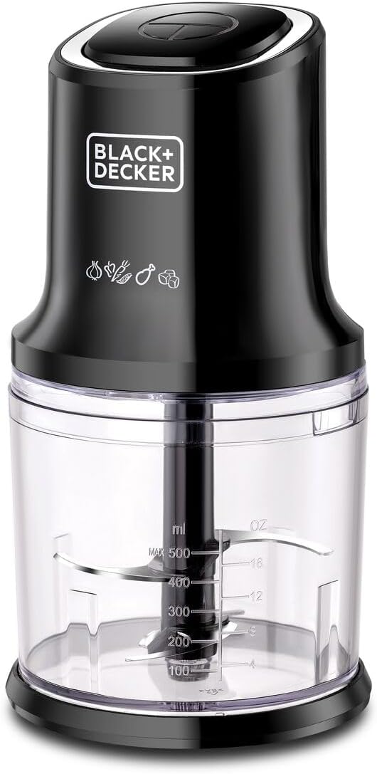 BLACK+DECKER Vertical Chopper, 500W, 4 Durable Stainless Steel Blades, 500ml Working Capacity Bowl, Sleek Chrome Trim, Powerful Motor for Chopping, Pureeing & Mincing, Easy to Use, Black - FC500-B5