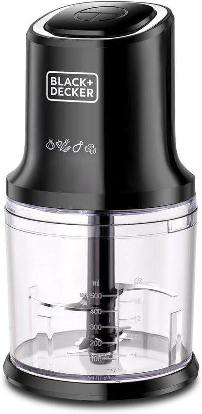 BLACK+DECKER Vertical Chopper, 500W, 4 Durable Stainless Steel Blades, 500ml Working Capacity Bowl, Sleek Chrome Trim, Powerful Motor for Chopping, Pureeing & Mincing, Easy to Use, Black - FC500-B5
