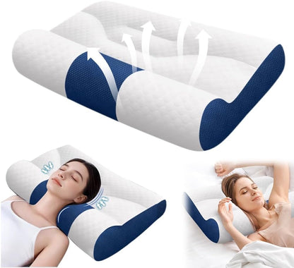 2025 Ergonomic Cervical Support Goose Down Pillow for Neck Pain Relief, Luxury Sleeping Pillow with Memory Foam, Breathable Soft Comfort Neck Pillow for Side and Back Sleepers, Blue