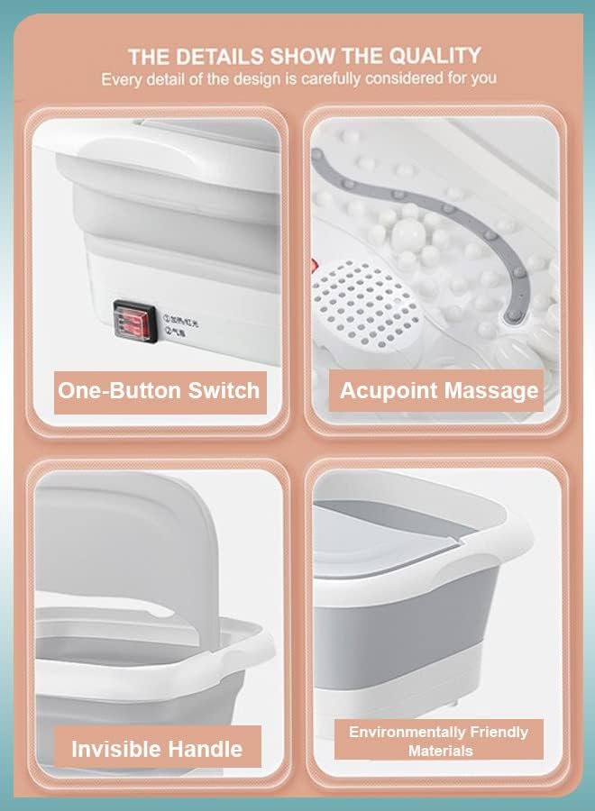 Toshionics Foldable Foot Spa With Heating Bubbles Shiatsu Massager Rollers Mini Feet BathTub Basin Pedicure Bucket For Relieving Fatigue And Body Stress Home Relax Foot Spa Treatment (Grey And White)