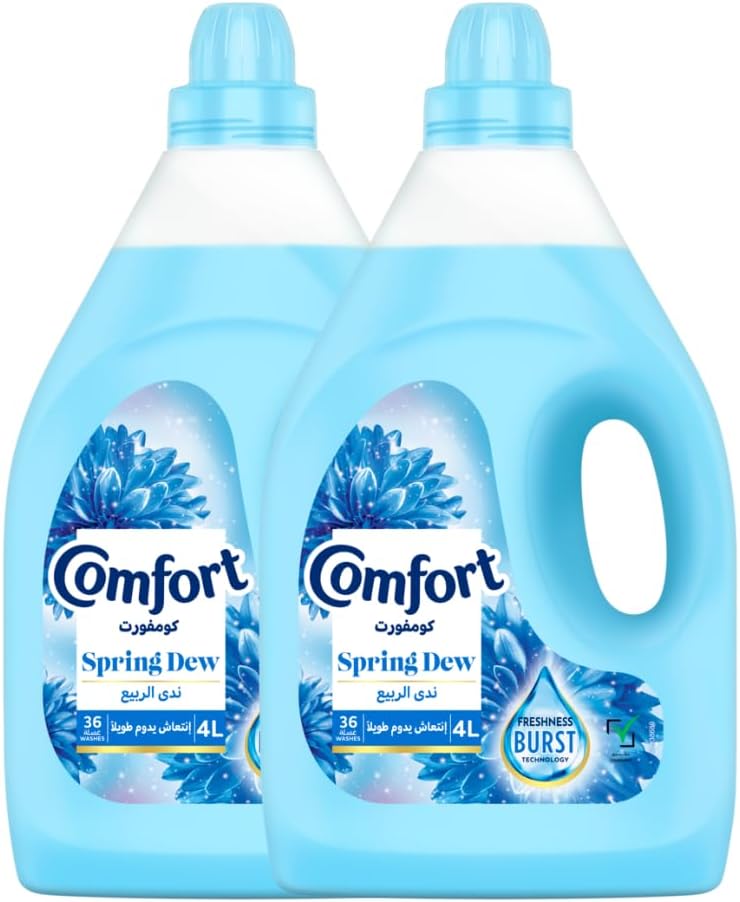 COMFORT Fabric Softener, Spring Dew, with freshness-burst technology for longer lasting fragrance & soft clothes, 4L x 2