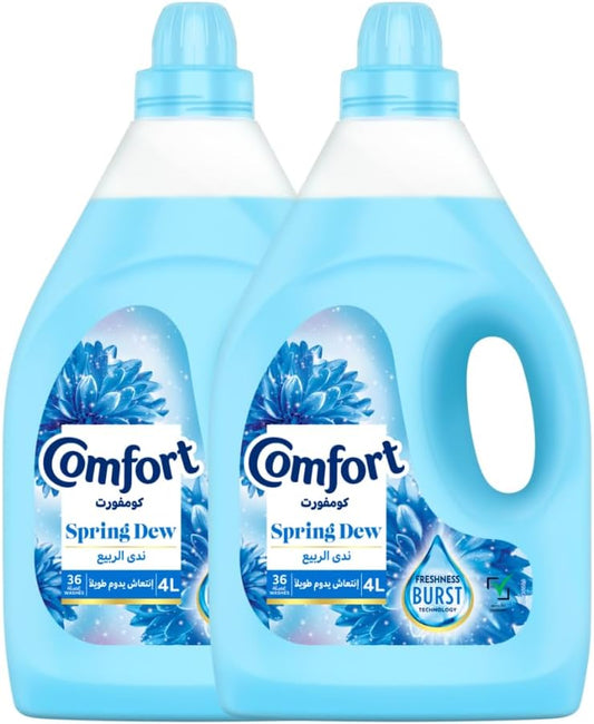 COMFORT Fabric Softener, Spring Dew, with freshness-burst technology for longer lasting fragrance & soft clothes, 4L x 2