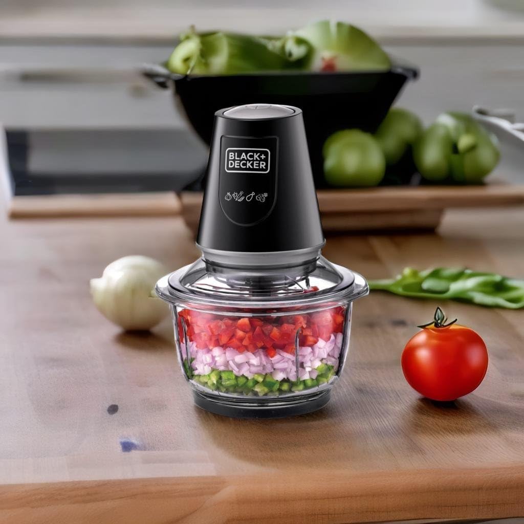 BLACK+DECKER Multi-Function Glass Chopper & Mincer, 400W, XXL 1.2L Bowl, 4-Blade System, Pulse Speed for Precision, Ice Crushing, Compact Sleek Black Design, Easy to Clean, Black - GC400-B5