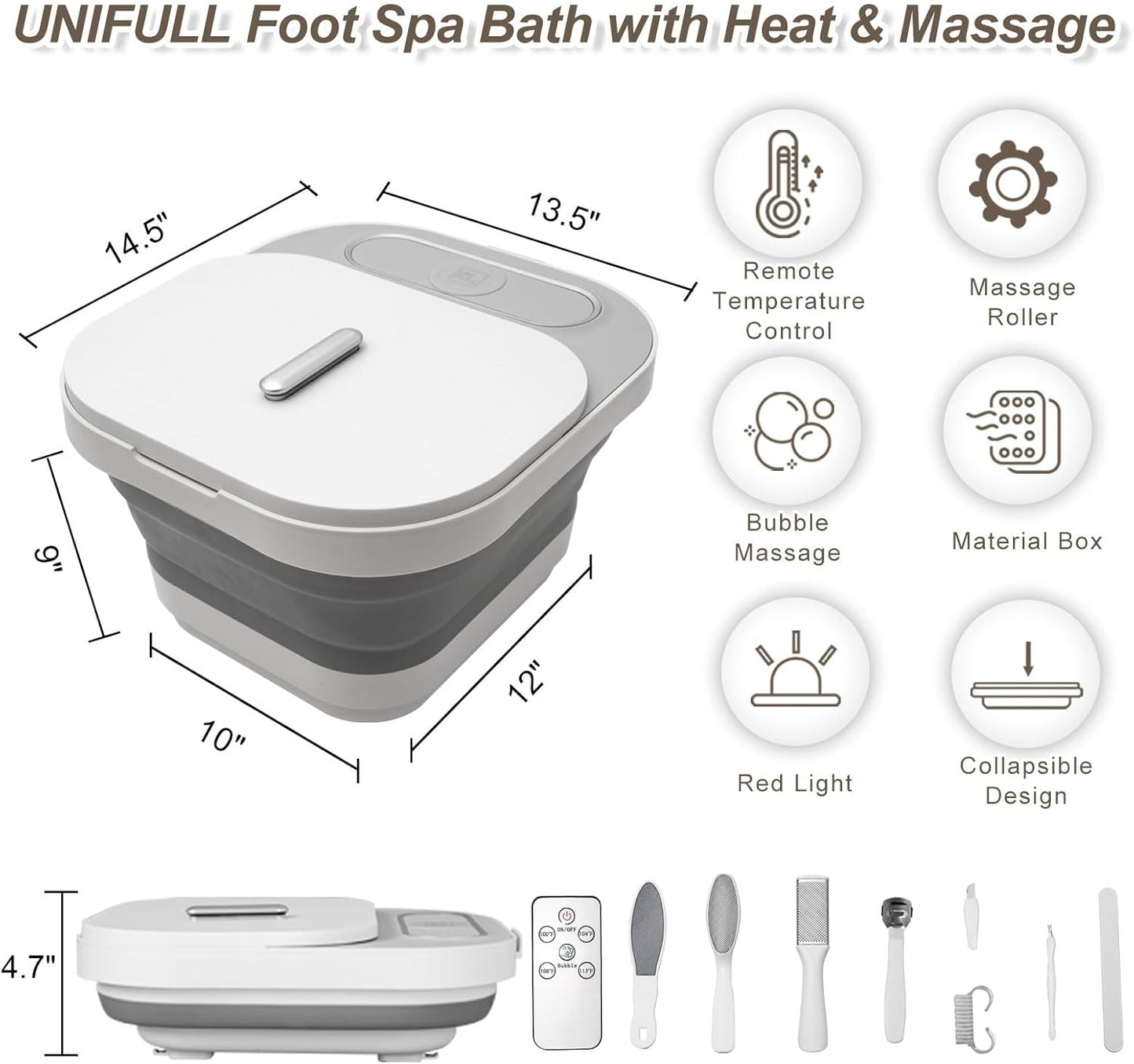 UNIFULL Collapsible Foot Spa Bath with Heat and Massage Rollers, Bubble, Foot Pedicure Kit, Temperature Control, Red Light, Pedicure Foot Spa, Foot Bath