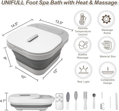 UNIFULL Collapsible Foot Spa Bath with Heat and Massage Rollers, Bubble, Foot Pedicure Kit, Temperature Control, Red Light, Pedicure Foot Spa, Foot Bath