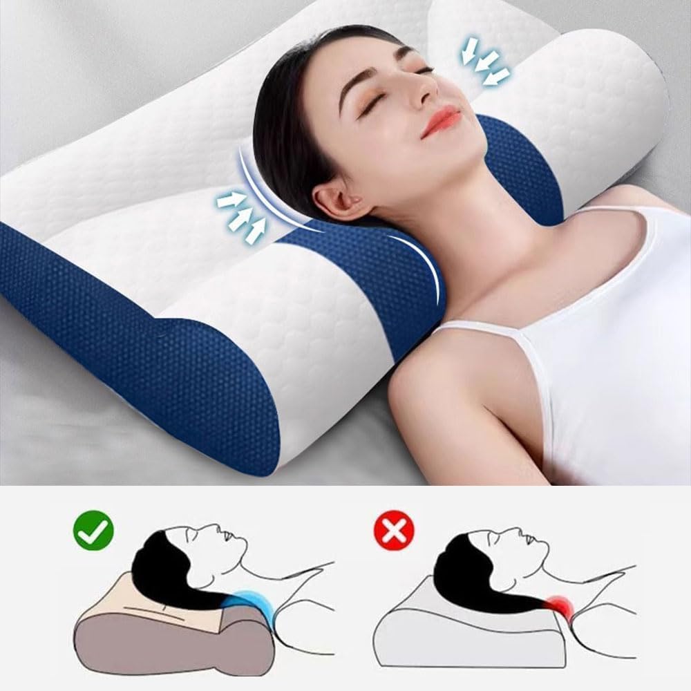 2025 Ergonomic Cervical Support Goose Down Pillow for Neck Pain Relief, Luxury Sleeping Pillow with Memory Foam, Breathable Soft Comfort Neck Pillow for Side and Back Sleepers, Blue