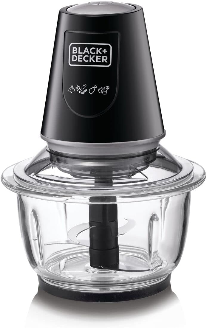 BLACK+DECKER Multi-Function Glass Chopper & Mincer, 400W, XXL 1.2L Bowl, 4-Blade System, Pulse Speed for Precision, Ice Crushing, Compact Sleek Black Design, Easy to Clean, Black - GC400-B5