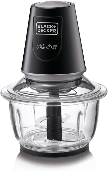 BLACK+DECKER Multi-Function Glass Chopper & Mincer, 400W, XXL 1.2L Bowl, 4-Blade System, Pulse Speed for Precision, Ice Crushing, Compact Sleek Black Design, Easy to Clean, Black - GC400-B5