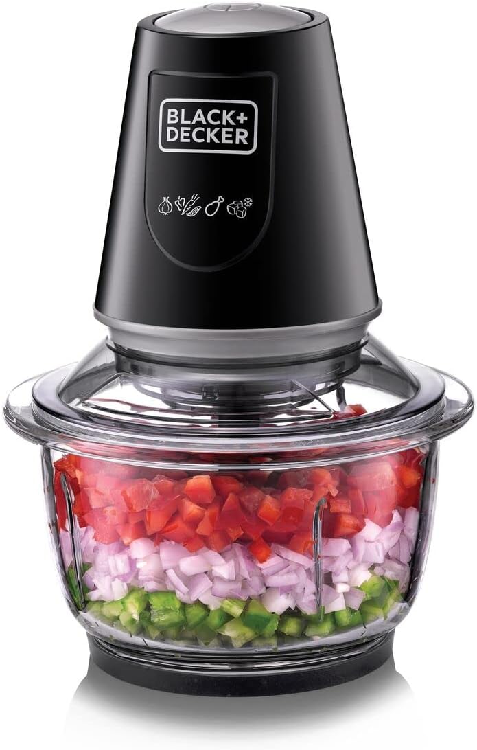BLACK+DECKER Multi-Function Glass Chopper & Mincer, 400W, XXL 1.2L Bowl, 4-Blade System, Pulse Speed for Precision, Ice Crushing, Compact Sleek Black Design, Easy to Clean, Black - GC400-B5