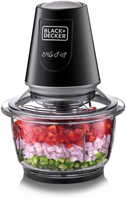 BLACK+DECKER Multi-Function Glass Chopper & Mincer, 400W, XXL 1.2L Bowl, 4-Blade System, Pulse Speed for Precision, Ice Crushing, Compact Sleek Black Design, Easy to Clean, Black - GC400-B5