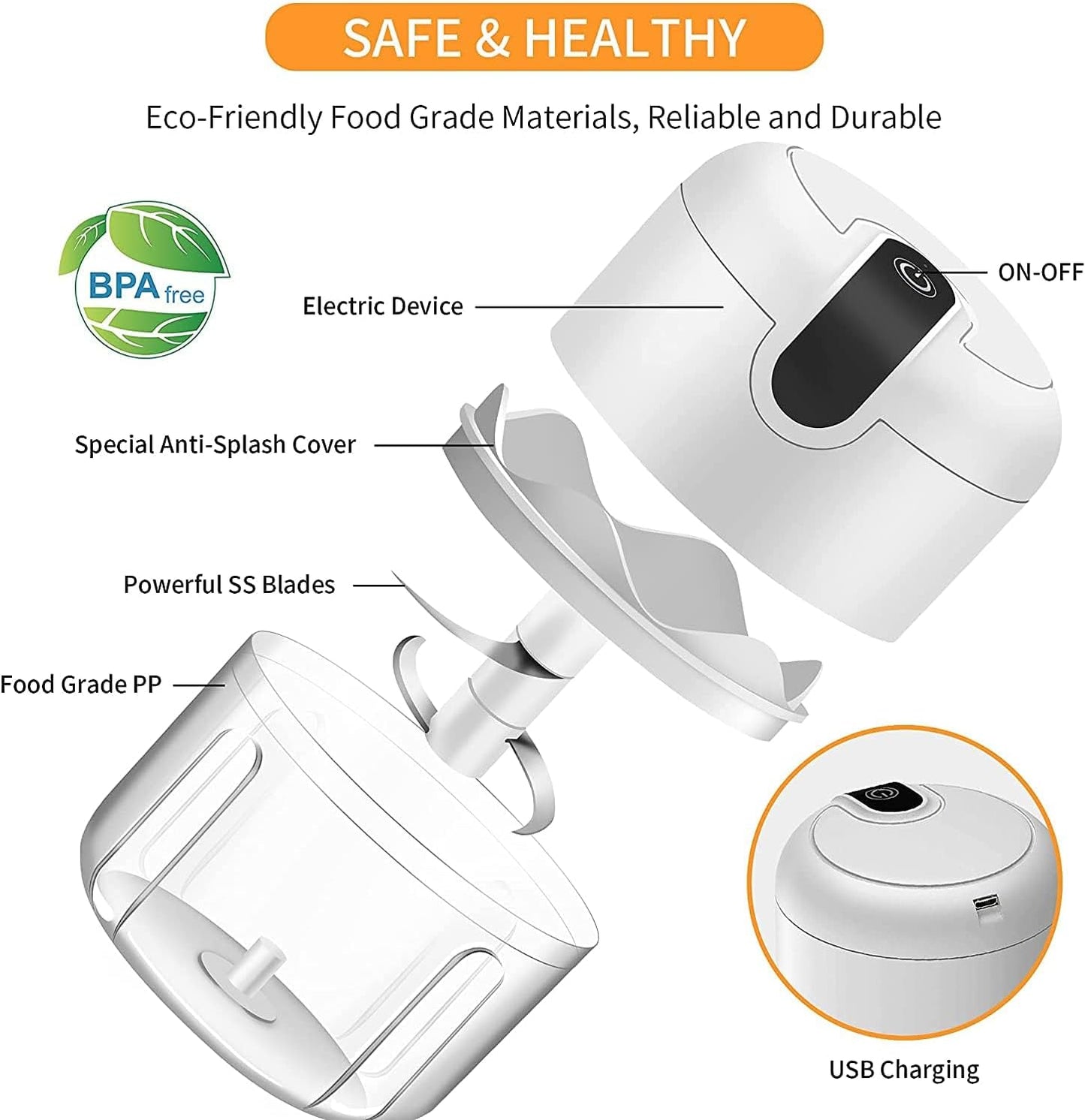 BIGTHREE Electric Mini Garlic Chopper, Portable Cordless Wireless Garlic Chopper, Food Chopper, for Garlic Onion Veggie, Dicing and mincing, in one food processor kitchen chopper masher (250ML)