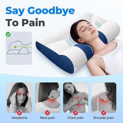 2025 Ergonomic Cervical Support Goose Down Pillow for Neck Pain Relief, Luxury Sleeping Pillow with Memory Foam, Breathable Soft Comfort Neck Pillow for Side and Back Sleepers, Blue