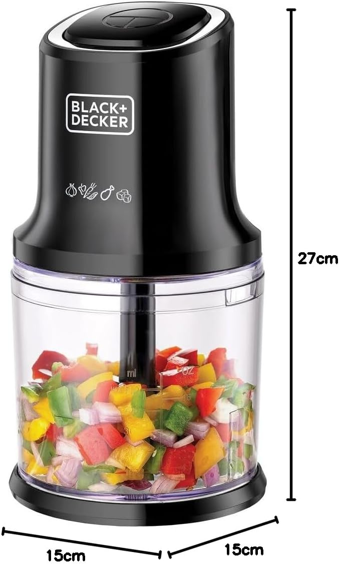 BLACK+DECKER Vertical Chopper, 500W, 4 Durable Stainless Steel Blades, 500ml Working Capacity Bowl, Sleek Chrome Trim, Powerful Motor for Chopping, Pureeing & Mincing, Easy to Use, Black - FC500-B5