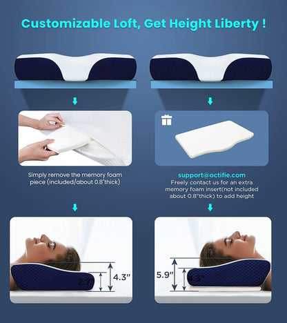 Adjustable Cervical Pillow for Neck and Shoulder Pain Relief, 5x Support Memory Foam Pillows for Sleeping, Orthopedic Contour Traction Pillow Odorless, Bed Pillow for Side Back Stomach Sleeper (Blue)