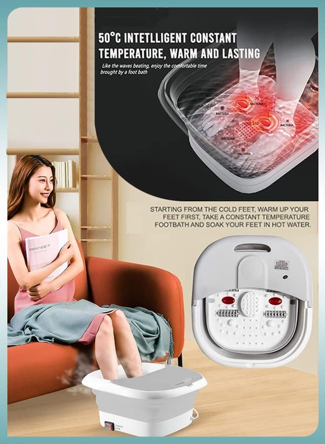 Toshionics Foldable Foot Spa With Heating Bubbles Shiatsu Massager Rollers Mini Feet BathTub Basin Pedicure Bucket For Relieving Fatigue And Body Stress Home Relax Foot Spa Treatment (Grey And White)