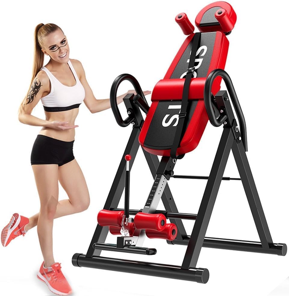 YOLEO Gravity Heavy Duty Inversion Table with Headrest & Adjustable Protective Belt Back Stretcher Machine for Pain Relief Therapy (Red)