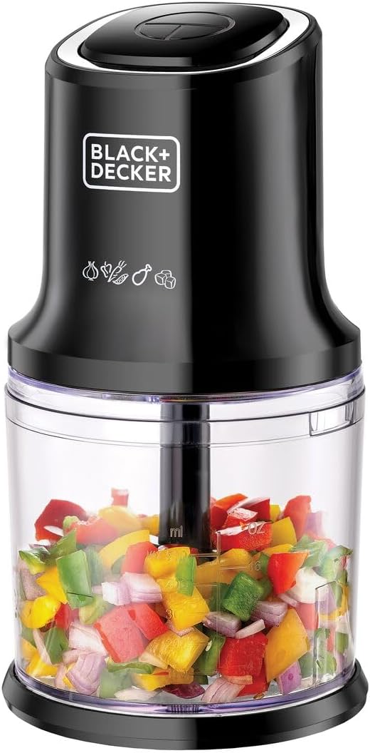 BLACK+DECKER Vertical Chopper, 500W, 4 Durable Stainless Steel Blades, 500ml Working Capacity Bowl, Sleek Chrome Trim, Powerful Motor for Chopping, Pureeing & Mincing, Easy to Use, Black - FC500-B5