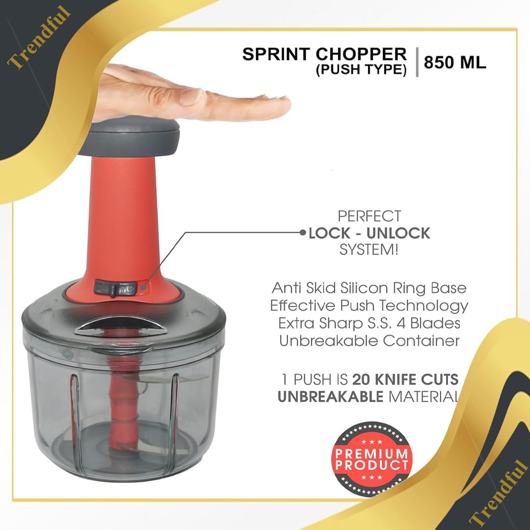 Trendful Manual Food Chopper with Hand Press Push System, Onion, Vegetable & Salad Chopper with Sharp Stainless Steel Blades, Push Type Sprint Chopper (850ML)
