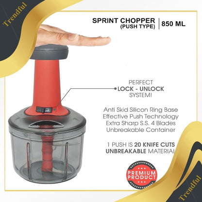 Trendful Manual Food Chopper with Hand Press Push System, Onion, Vegetable & Salad Chopper with Sharp Stainless Steel Blades, Push Type Sprint Chopper (850ML)