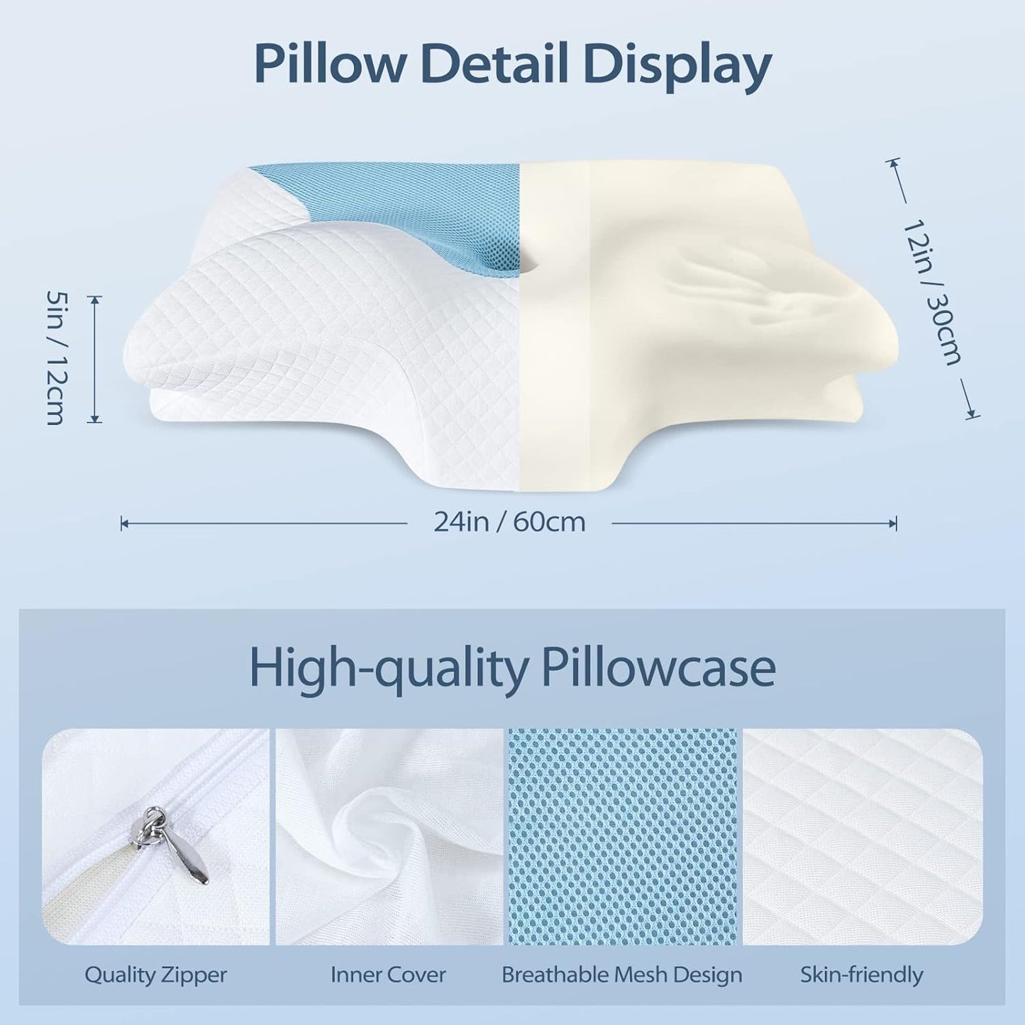 HOMCA Cervical Pillow Memory Foam Pillows - Contour Memory Foam Pillow for Neck Pain Relief, Orthopedic Neck Bed Pillow for Side Sleepers Back and Stomach
