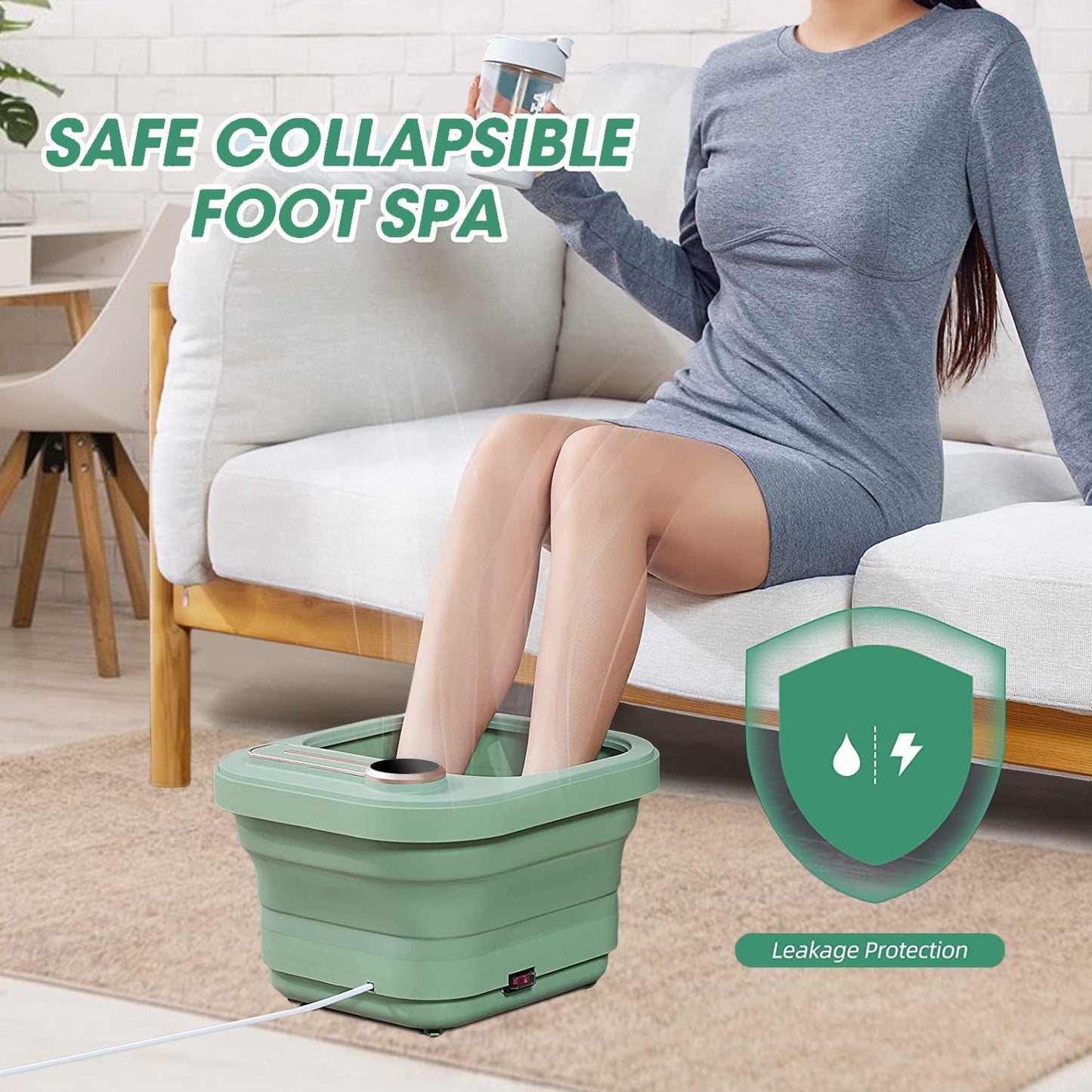 Angju Collapsible Foot Spa Bath with Heat and Bubble Massage and Jets, Pedicure Foot Massager Spa, Electric Foot Soaking Tub with Massage Rollers and Foot File, Heated Foot Spa(Green)