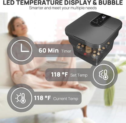 Collapsible Foot Spa Electric Rotary Massage, Foot Bath with Heat, Bubble, Temp Control-remote control, and 18 Motorized Shiatsu Massage Balls