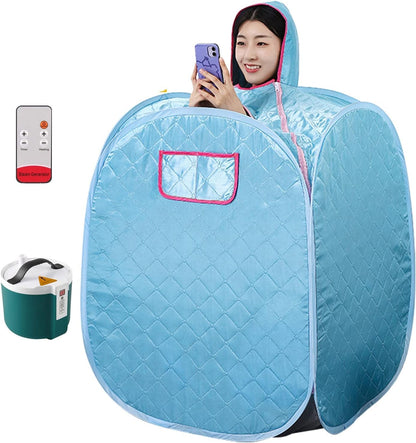 Gluckluz Portable Steam Sauna Home Spa Private Room Folding Personal Bath Tent Kit with Timer & Remote Control & 2L Steam Pot & Carrying Bag for Detox Relaxation (Blue)