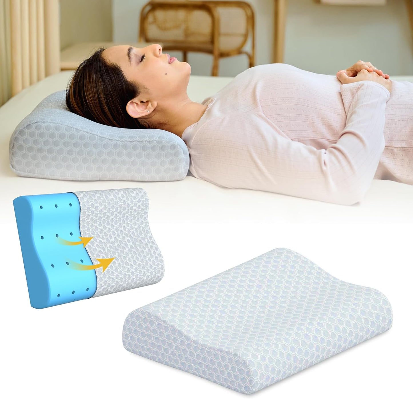 CareFoam Memory Foam Pillow, Contour Cervical Pillow for Neck & Shoulder Pain - Orthopedic Pillow, Neck Cervical Sleeping Pillows for Side & Back Sleepers White Jacquard Cover-Standard (Pack of 2)