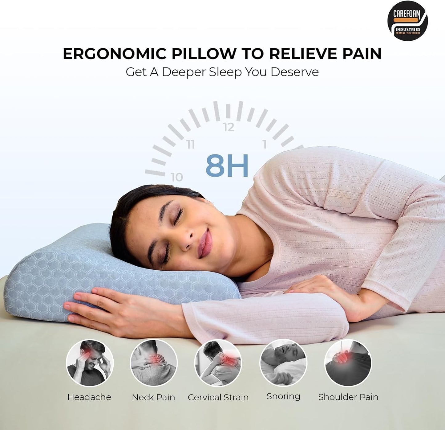 CareFoam Memory Foam Pillow, Contour Cervical Pillow for Neck & Shoulder Pain - Orthopedic Pillow, Neck Cervical Sleeping Pillows for Side & Back Sleepers White Jacquard Cover-Standard (Pack of 2)