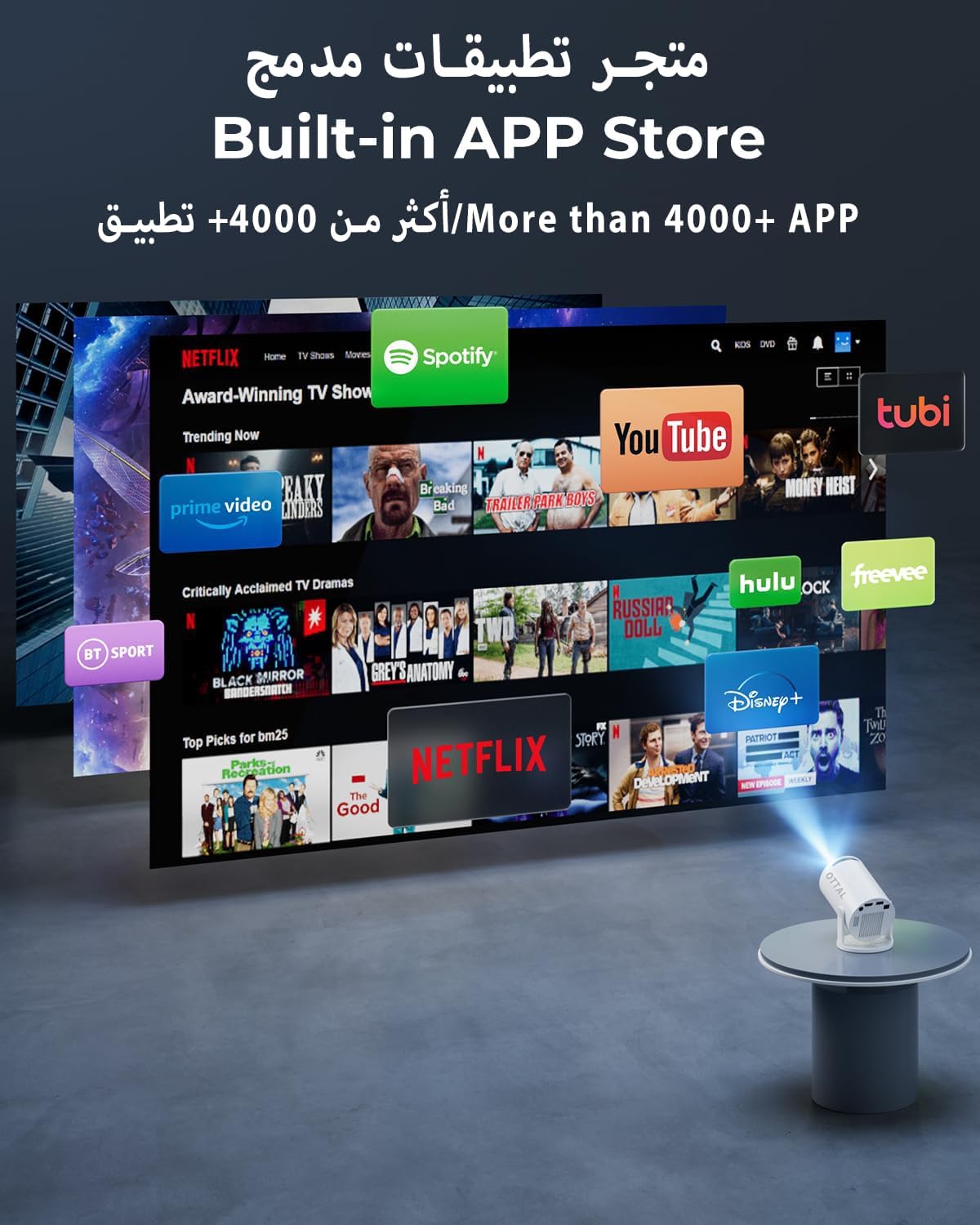 New Upgraded HY300 Pro+ Mini Projector with WiFi and Bluetooth Built in Apps, Smart Portable Projector with 180° Rotation, Auto Keystone, Support 4K, Compatible with HDMI/USB/TV Stick/phone/Laptop