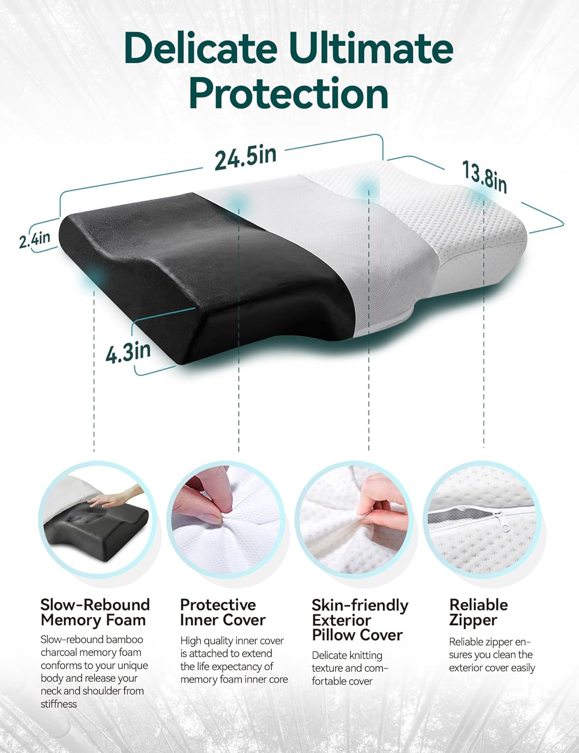 Travel Ease Contour Memory Foam Pillow, Bedding Bamboo Charcoal Neck Pillow, Orthopedic Butterfly-Wings Shape Cervical Pillow for Neck Pain Relief, Side Sleepers and Back Sleepers