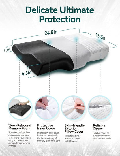 Travel Ease Contour Memory Foam Pillow, Bedding Bamboo Charcoal Neck Pillow, Orthopedic Butterfly-Wings Shape Cervical Pillow for Neck Pain Relief, Side Sleepers and Back Sleepers