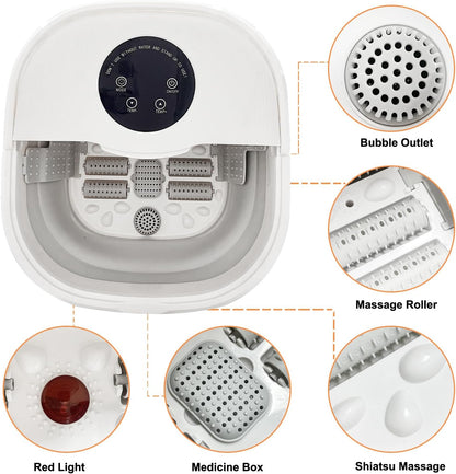 Gluckluz Collapsible Foot Spa Foldable Bath Tub Pedicure Soaking Tub Electric Foot Washer Basin with Remote Temperature Control & Heat Bubbles & 8 Massage Rollers for Feet Stress Relief Home Office