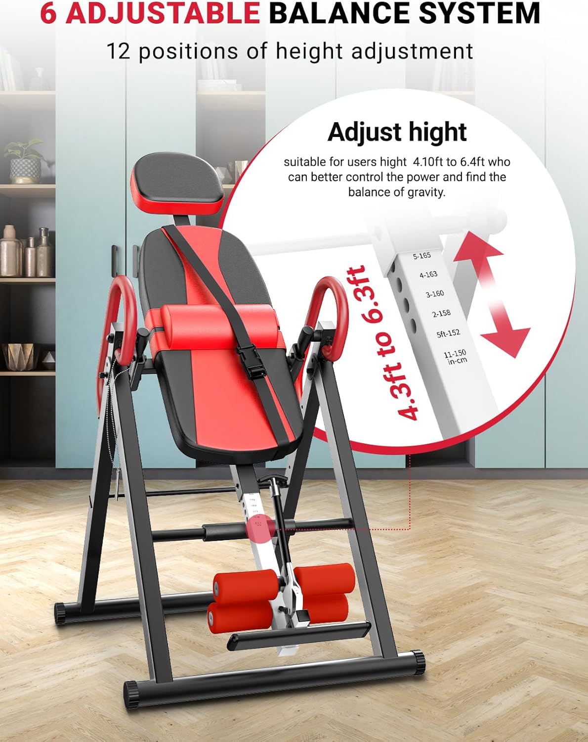 YOLEO Gravity Heavy Duty Inversion Table with Headrest & Adjustable Protective Belt Back Stretcher Machine for Pain Relief Therapy (Red)