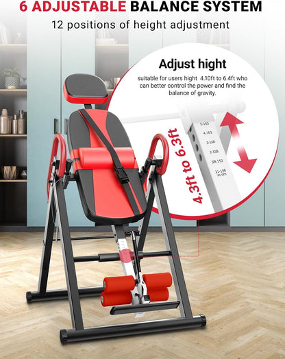 YOLEO Gravity Heavy Duty Inversion Table with Headrest & Adjustable Protective Belt Back Stretcher Machine for Pain Relief Therapy (Red)