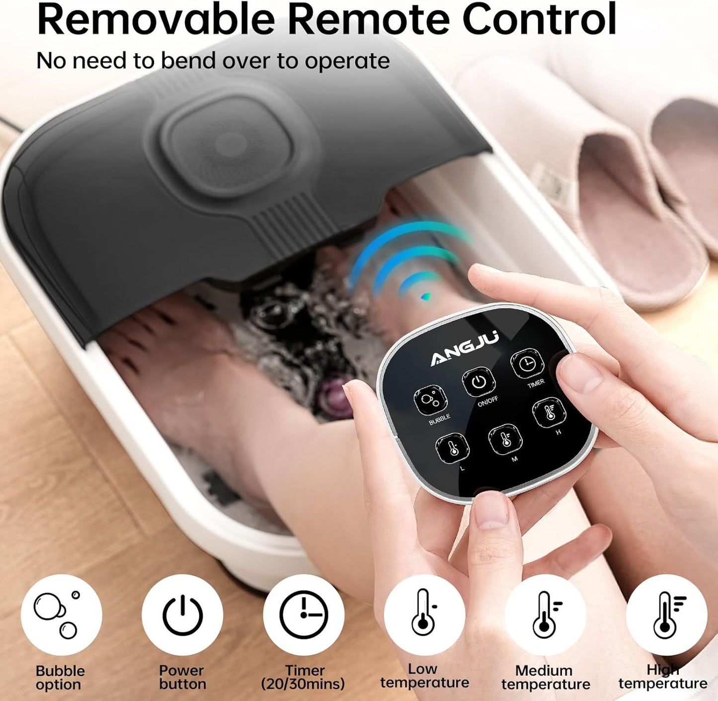 Angju Collapsible Foot Spa with Heat,Remote Temperature Control and Bubble,Foot Bath Massager Tub with 6 Massage Rollers,Timer and Pumice Stone,Electric Pedicure Feet Soak Machine for Stress Relief
