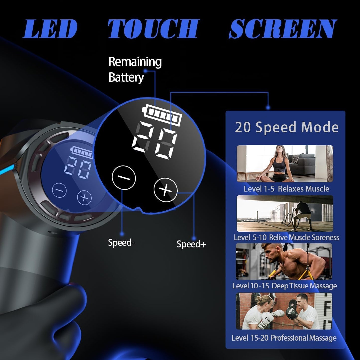 WEKUBA Massage Gun Deep Tissue Massager, Handheld Cordless Percussion Massager LED Touch Screen with 6 Different Massage Heads 20 Speeds for Legs Back Body Pain Relief, Soreness Relief,مسدس تدليك