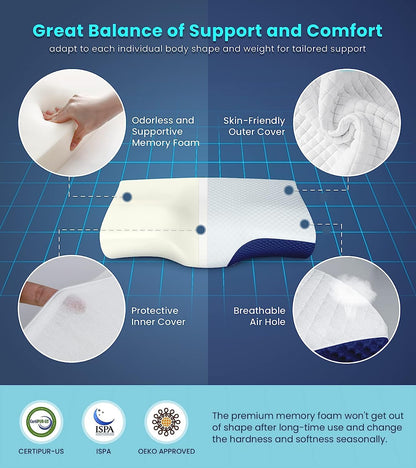 Adjustable Cervical Pillow for Neck and Shoulder Pain Relief, 5x Support Memory Foam Pillows for Sleeping, Orthopedic Contour Traction Pillow Odorless, Bed Pillow for Side Back Stomach Sleeper (Blue)