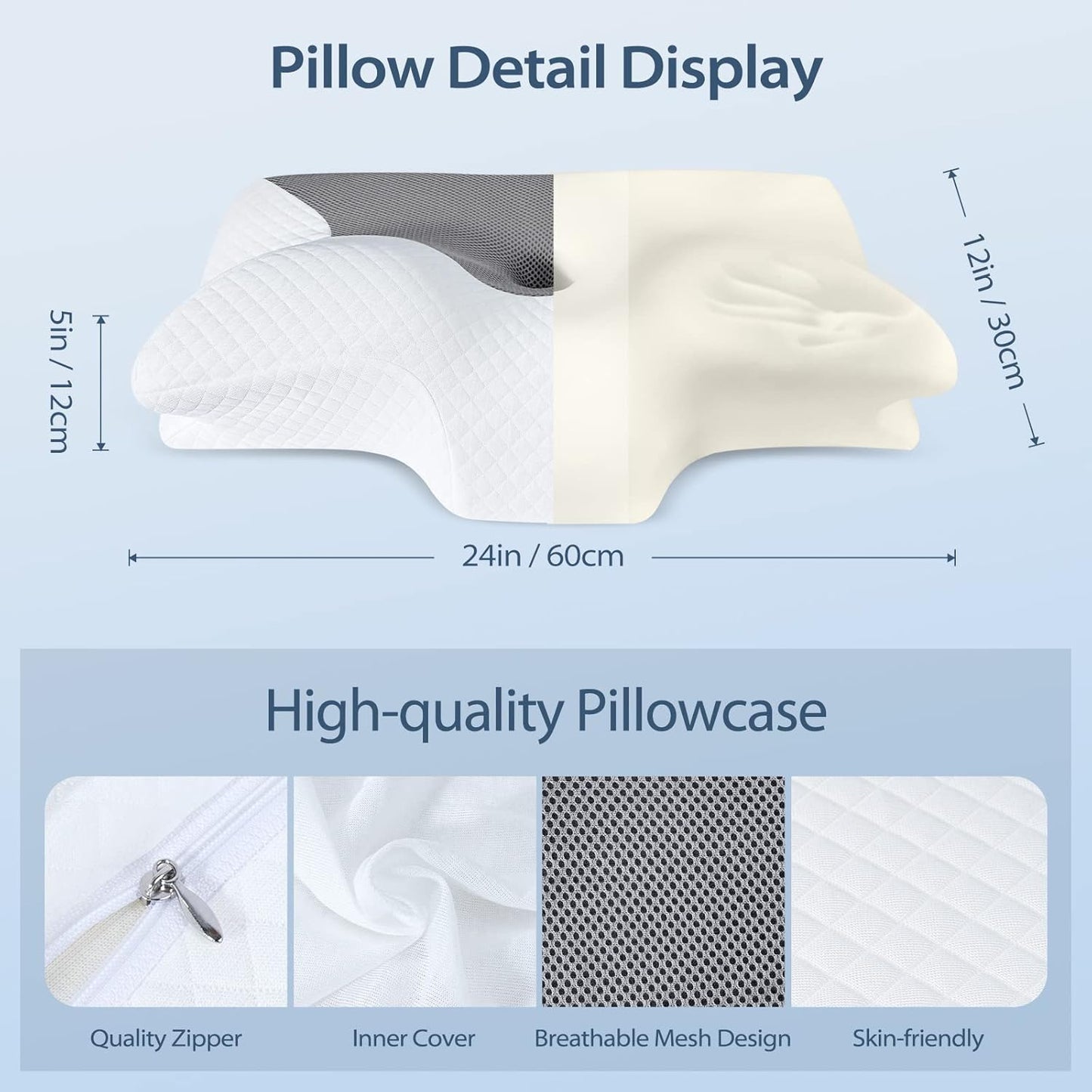 HOMCA Cervical Pillow Memory Foam Pillows - Contour Memory Foam Pillow for Neck Pain Relief, Orthopedic Neck Bed Pillow for Side Sleepers Back and Stomach