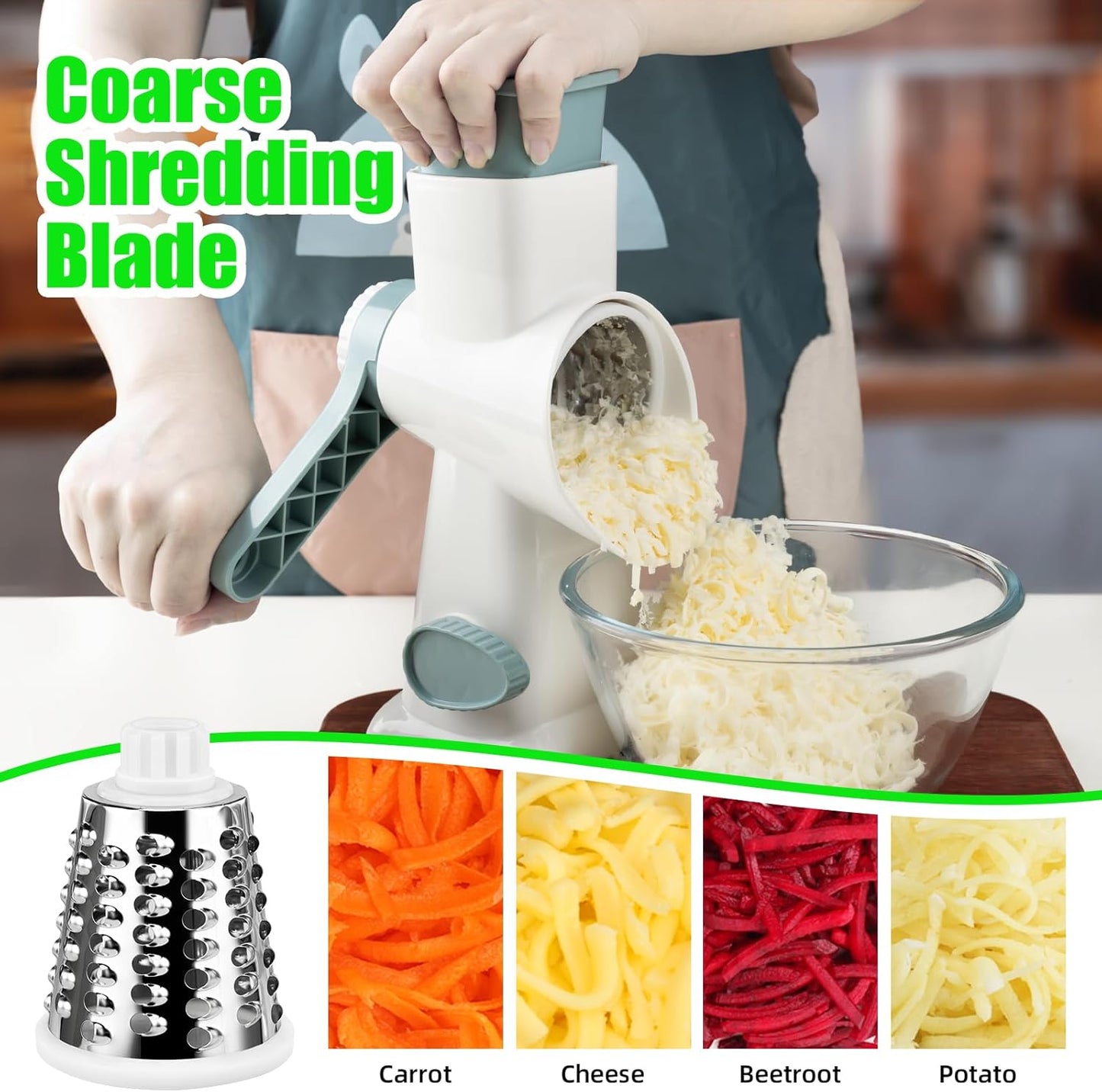 Rotary Cheese Grater Manual with 3 Blades for Slice, Dice, Julienne, Vegetable Chopper Safest Vegetable Slicer Home Accessories Cutter for Salad Potato Veg Onion Garlic Carrot Fruit
