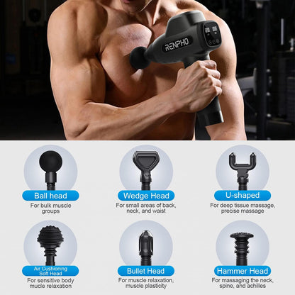 RENPHO Percussion Massage Gun, Professional Powerful Quiet Deep Tissue Massager, 20 Speeds, Electric Massage Gun with Case, 6 Massage Heads for Athletes, Back, Neck, Shoulder Relaxation, Home, Gym